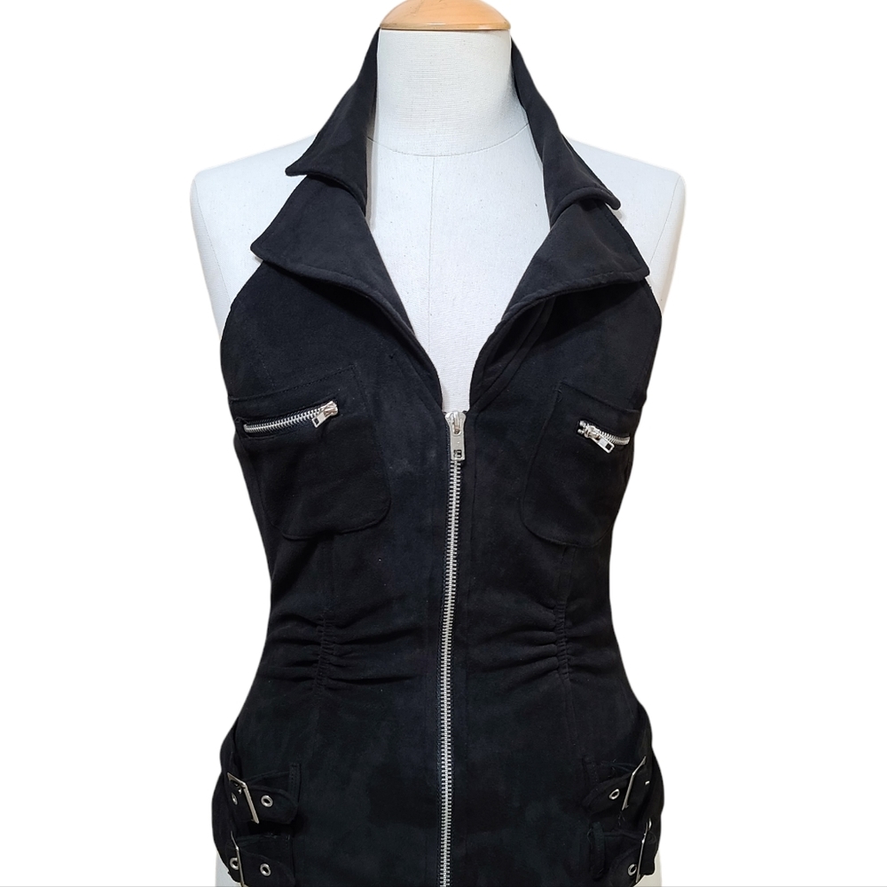 *SOLD* Black Sexy Halter Top Velvet Feel Stretchy Full Zip - Picture 1 of 8